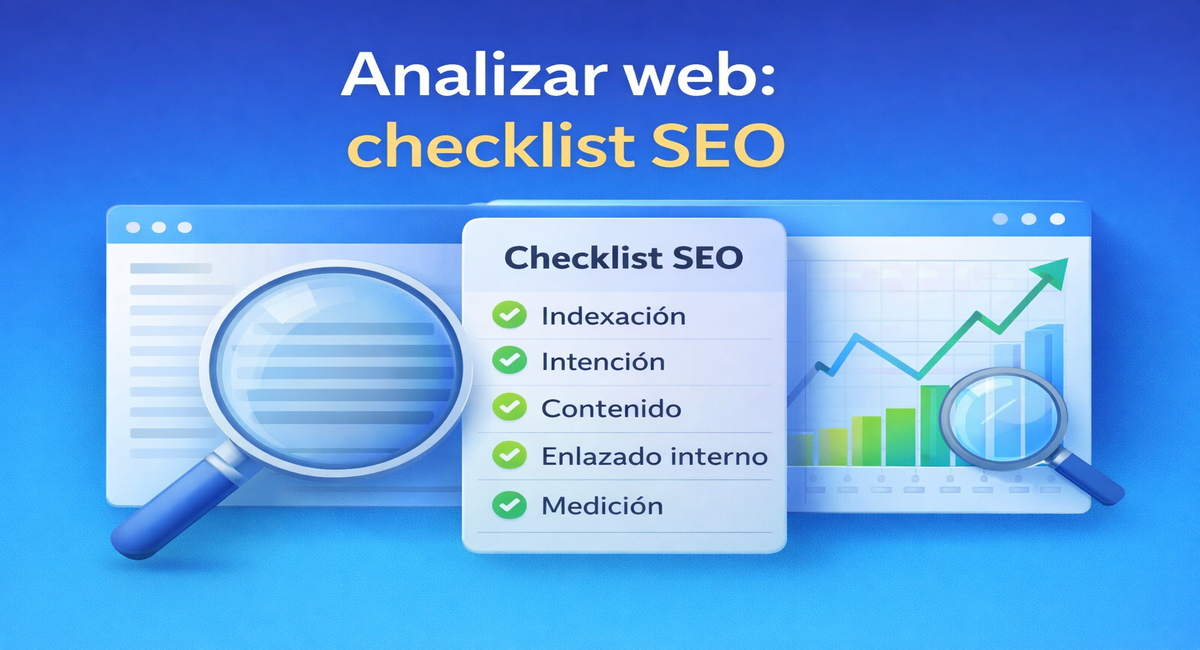 Ilustración de checklist SEO con lupa, gráfica de crecimiento y medidor de rendimiento para analizar una página web.
