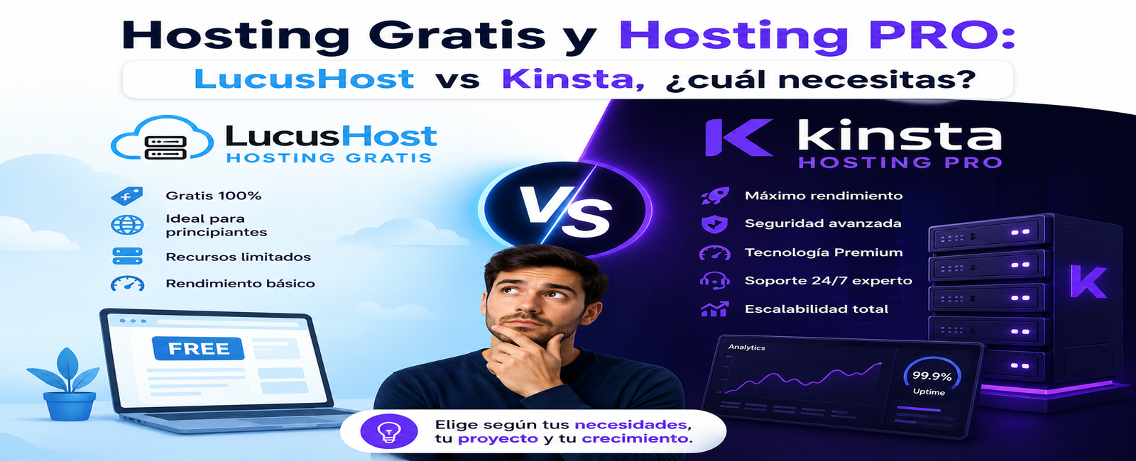 Comparativa entre LucusHost (hosting gratuito) y Kinsta (hosting PRO) para principiantes en 2026