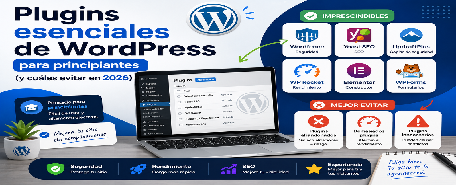 Plugins esenciales de WordPress para principiantes: guía con los 5 imprescindibles y cuáles evitar